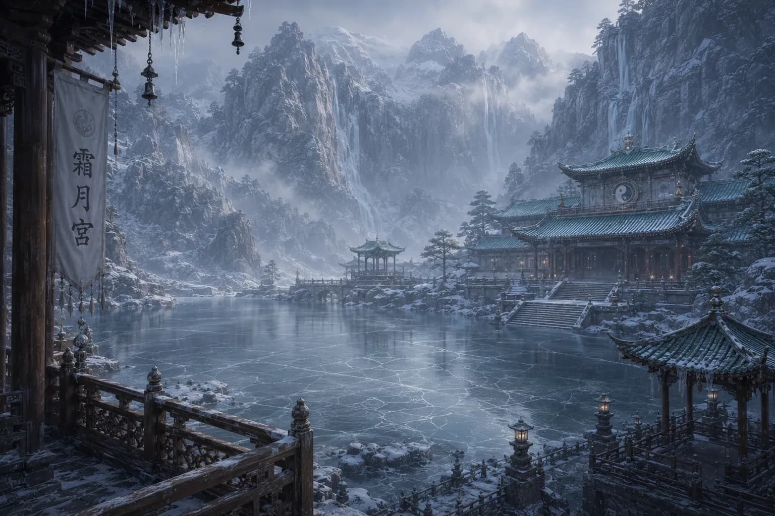 Frostmoon Pavilion: Every cut bites colder than the last, until the duel itself stands still.