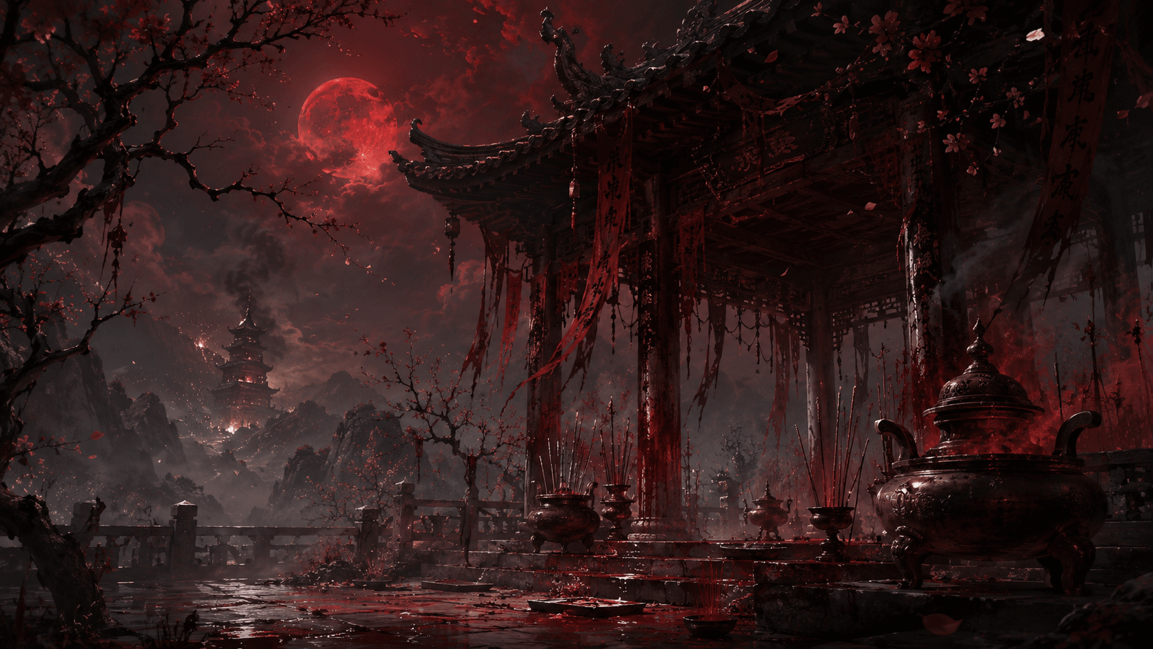 Cinder Pavilion — Blood-moon braziers and demon banners. The veil tears here.