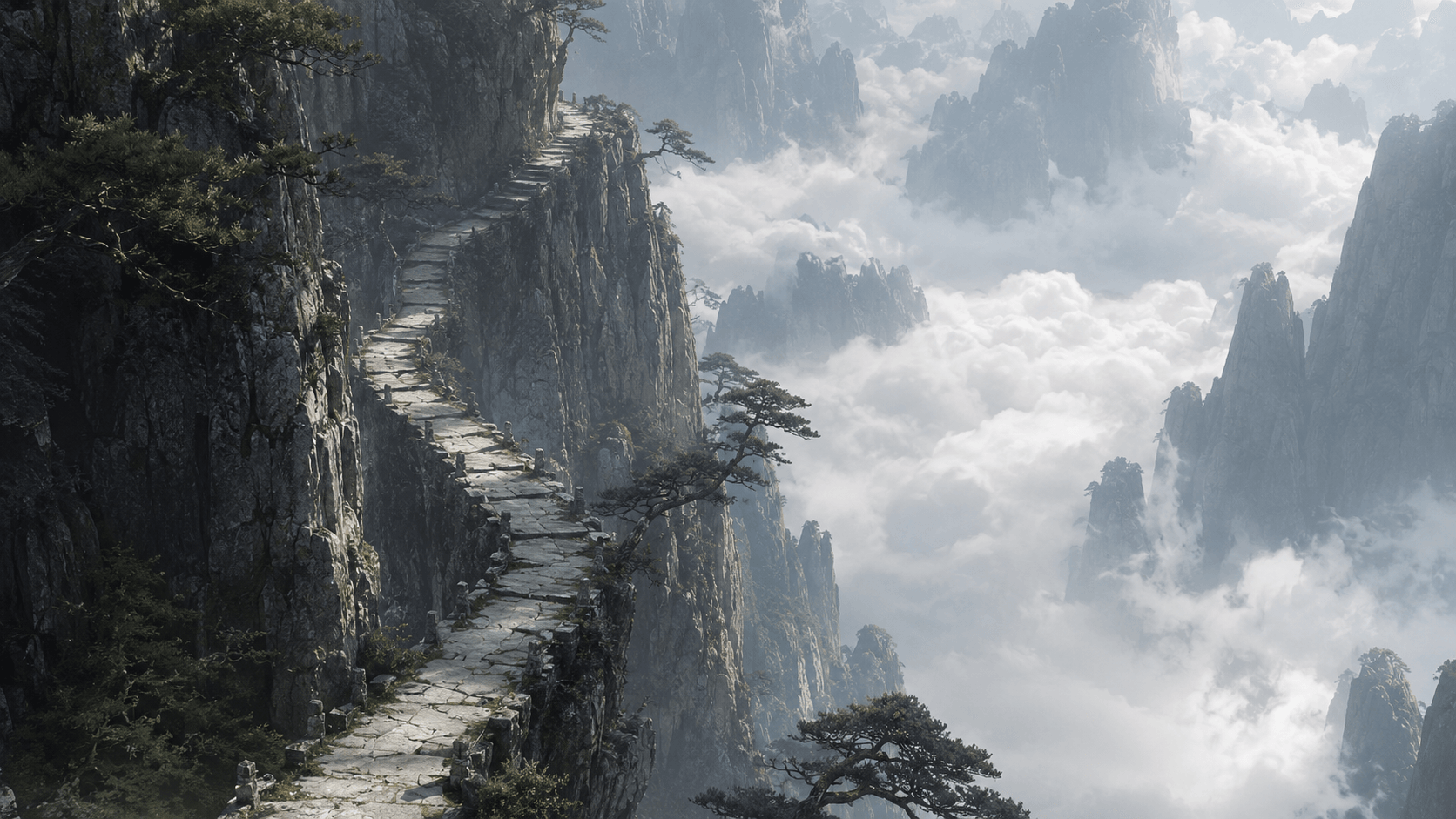 Cloudscar Pass: Cloud rivers below, sword sects above. The air thins.