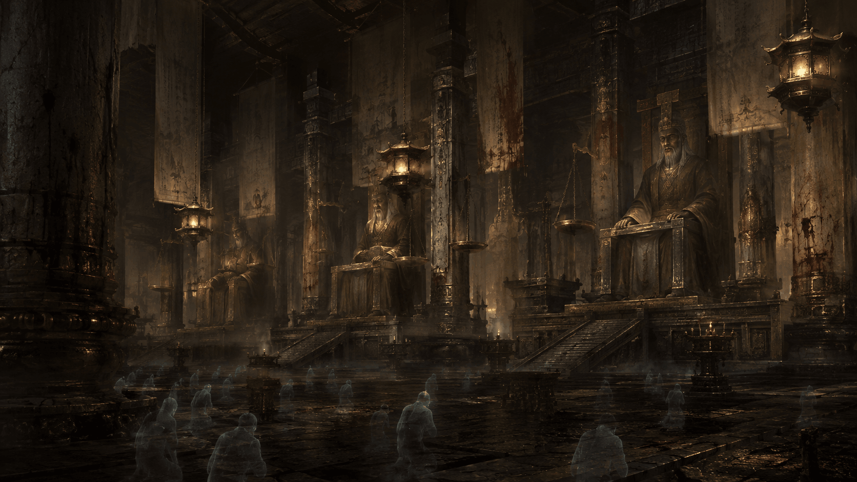 Court of Unfinished Debts: Brass scales and karma ledgers. Every blow you struck is on file.