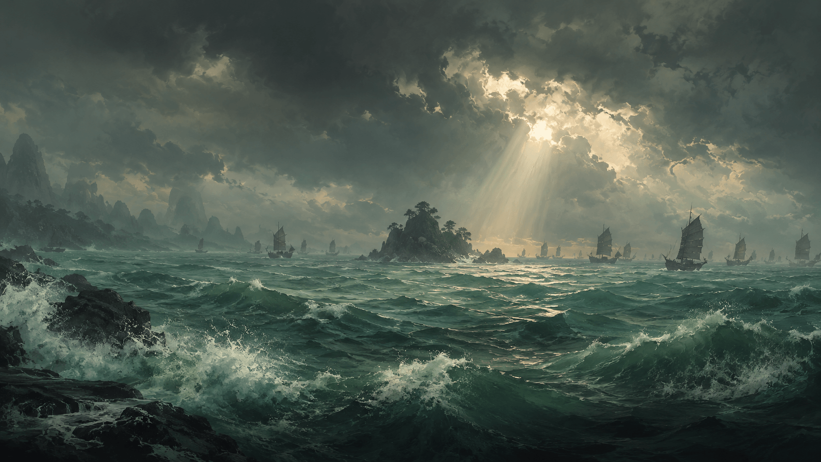 Jade Tide Passage: Open water under monsoon sky. Pirate sails on every horizon.