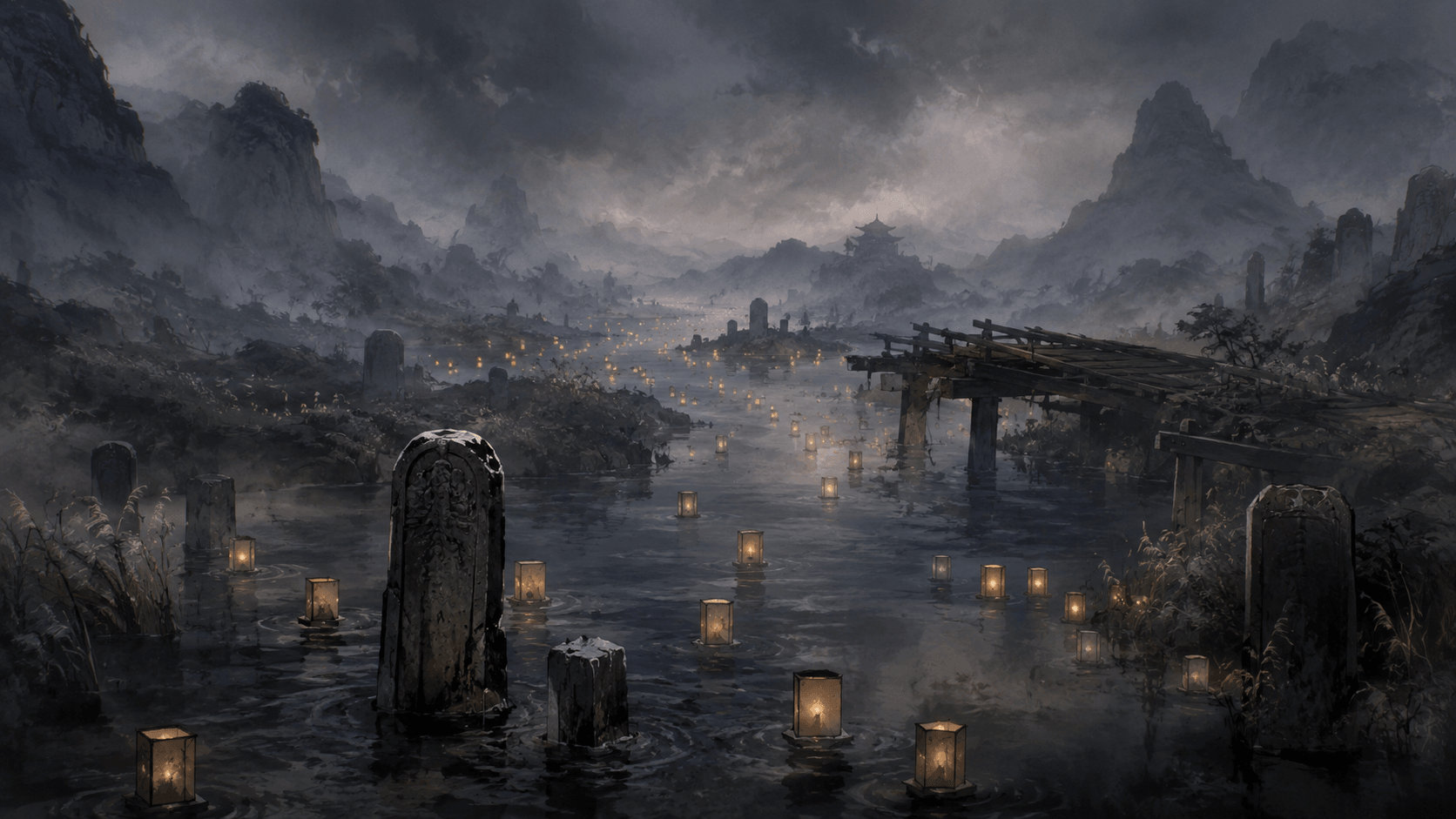 River of Lost Names — Paper lanterns drift past stelae no one can read anymore.