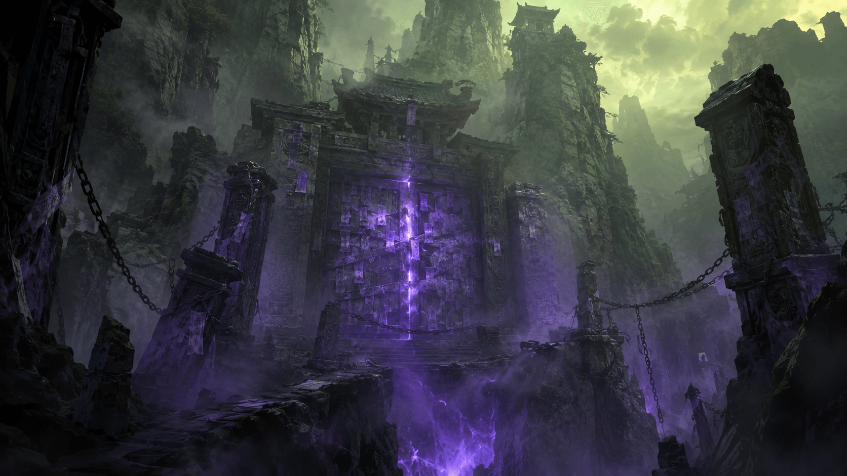 Sealed Echo Gorge — Talismans glow violet on the gates. Something behind them is waking.