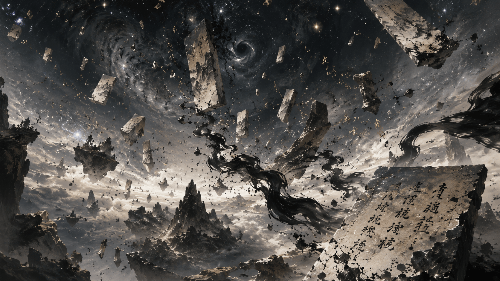 Where the Dao Ends: Broken sky, drifting calligraphy. The self dissolves into blank paper.